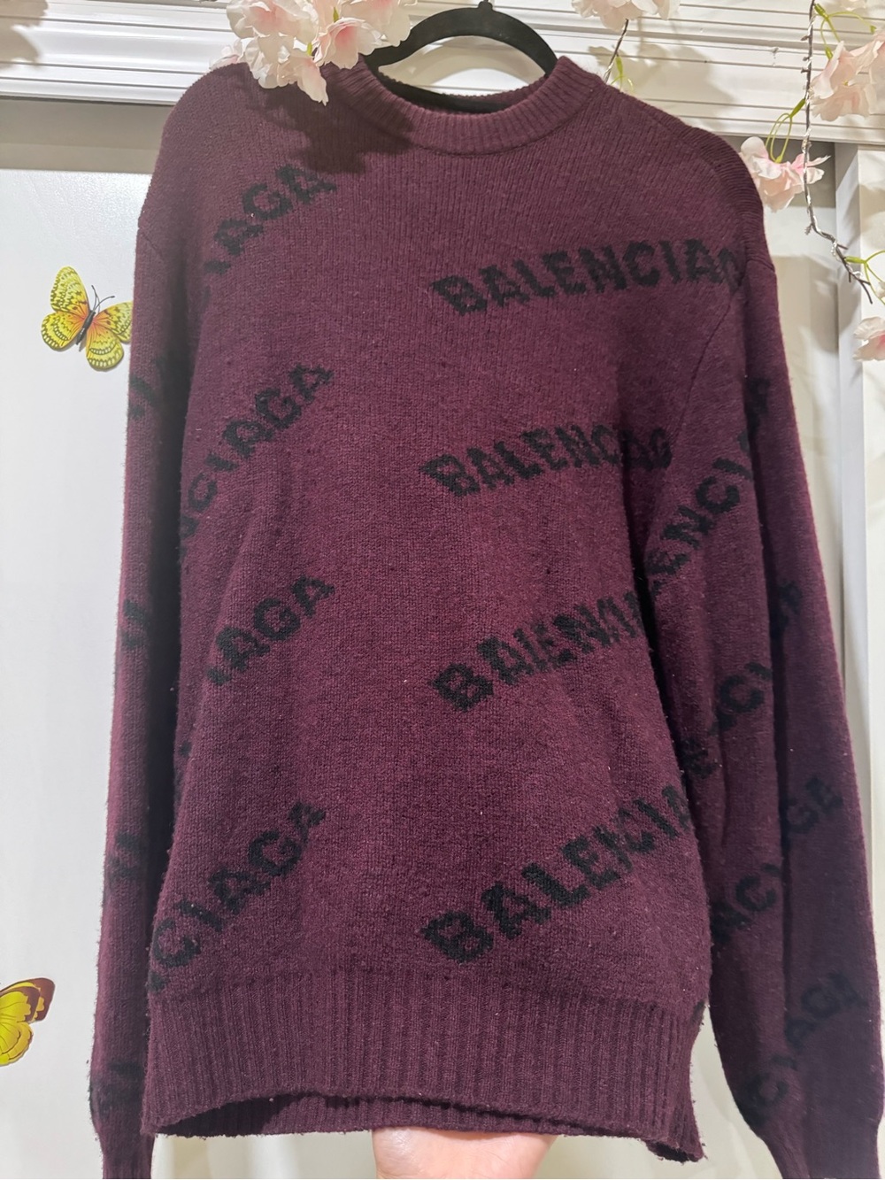 Balenciaga Burgundy Crewneck Sweater with Black Logo Motif